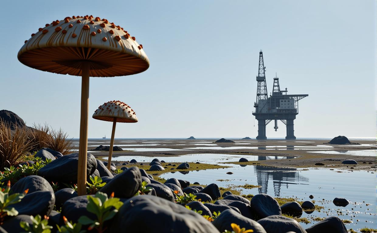 photograph, desolate water with Wild mushroom patch, Corporate Punk, hyper detailed