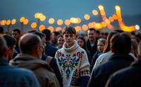 by Michael Shainblum , photograph, intricate details, medium wide shot of a lower class Drab slender Emo a crowd of people