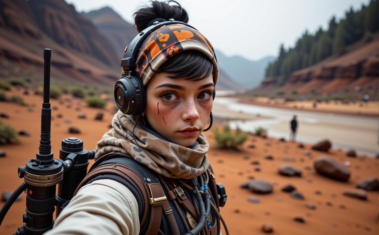 photograph, concept art, hip level shot of a thin Tribal Female Brownie of Dragons Hacker, the Female is very Stylish and Disruptive