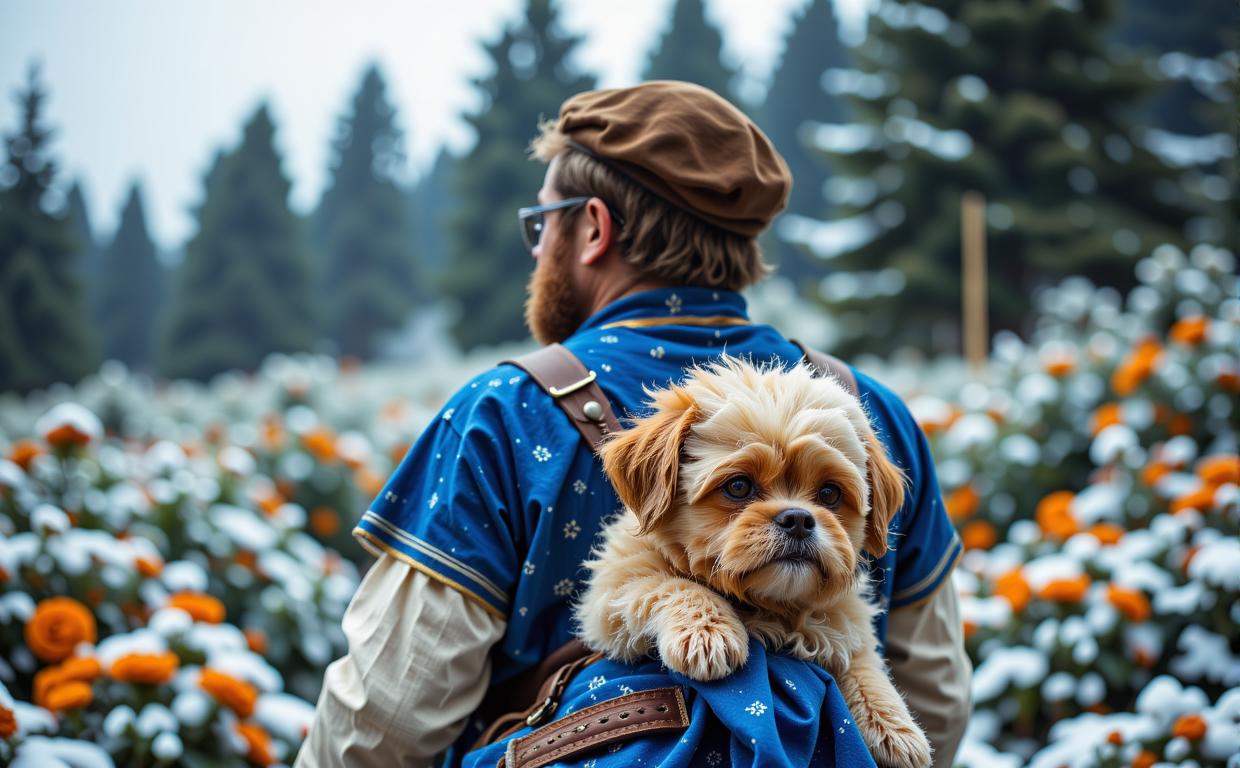 photograph, concept art, shot from behind of a Biomorphic Astonishing chubby traditional Australian Male Cherubim Marketer, he is riding a Bichon Frise
