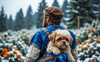 photograph, concept art, shot from behind of a Biomorphic Astonishing chubby traditional Australian Male Cherubim Marketer, he is riding a Bichon Frise