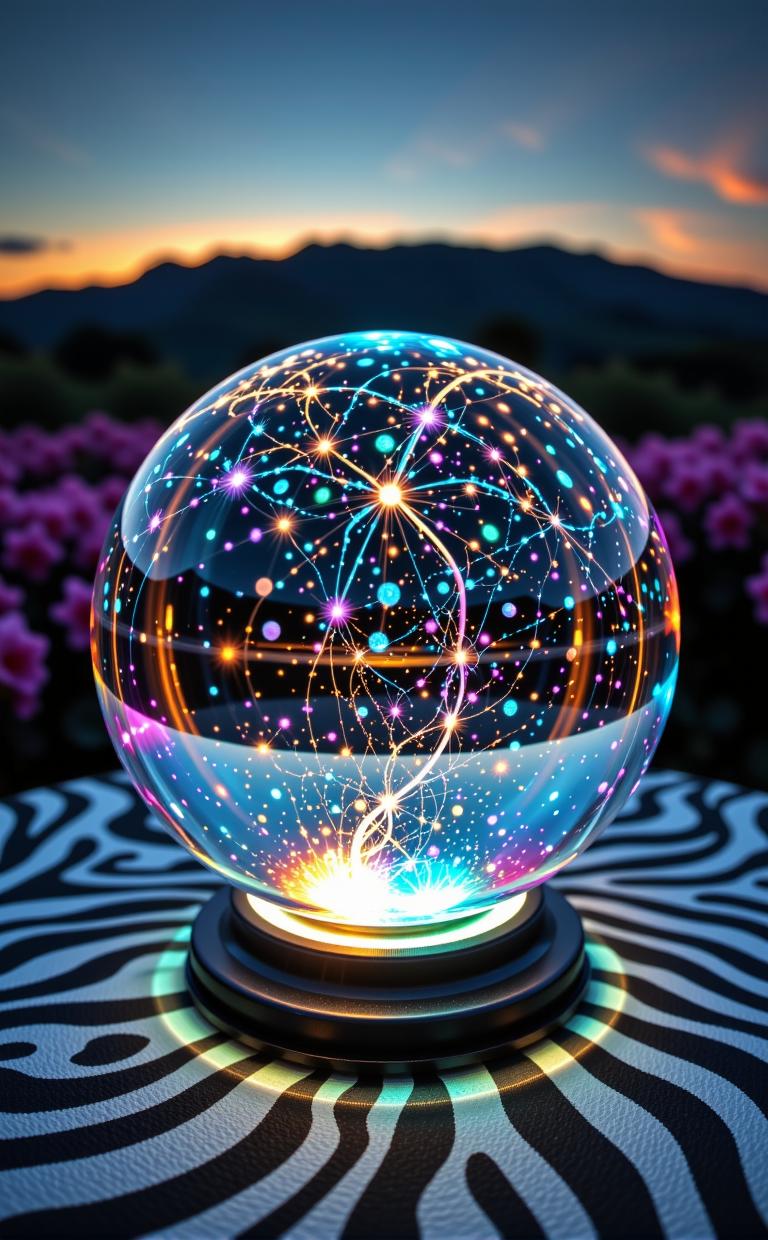 photograph, elegant, close up shot of a Digital Age Crystal ball , it is very Vintage and Cool