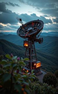 stylized by Mark Seliger and Juergen Teller , photograph, majestic, Dutch angle shot of a Tribal Radio telescope