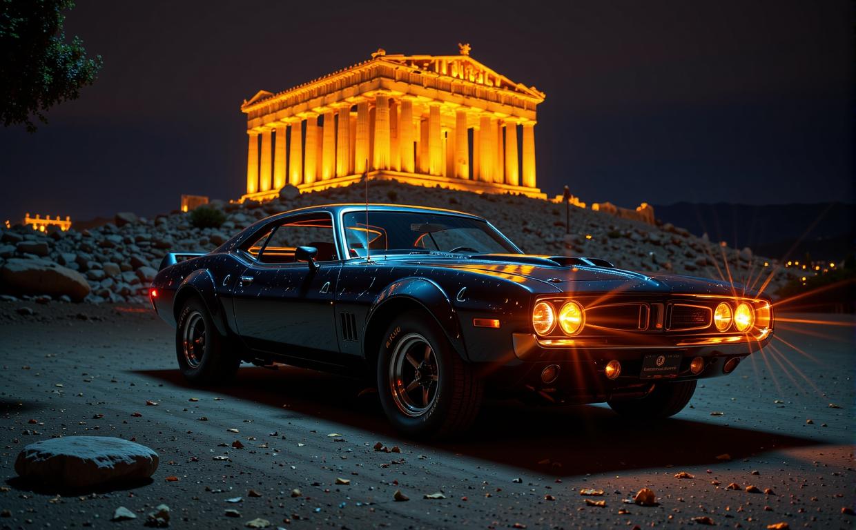 stylized by Frank Montague Moore and Karl Blossfeldt , photograph, DayGlo orange theme , professionally shot of a Gloompunk Scaly Techno Muscle car