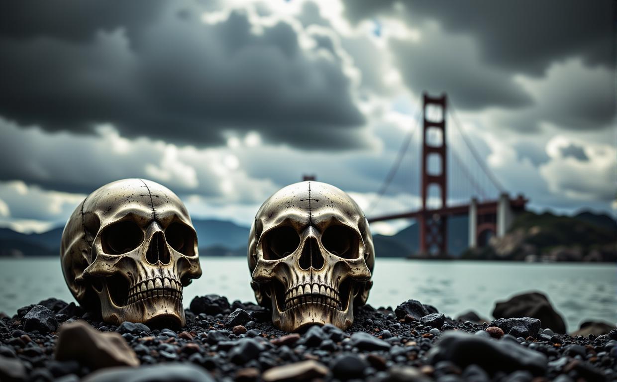 by Clemens Ascher and Sergio Larra n , photograph, ethereal, long shot of a Classical Realism Painterly Metalhead Skulls