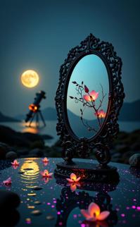 photograph, insane details, Rule of Thirds, side view shot of a Ming Dynasty Black mirror