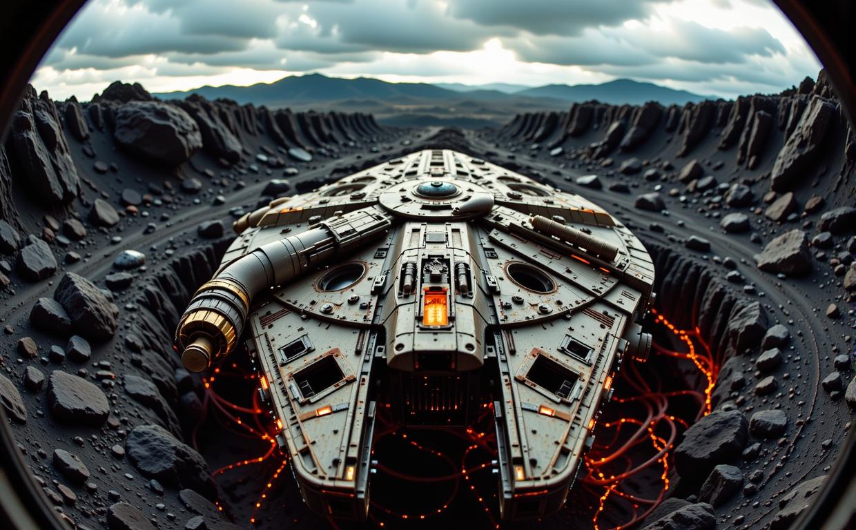 photograph, best quality, long shot of a Eastern Millennium Falcon , it is very Paranoid and Tragic