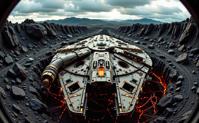 photograph, best quality, long shot of a Eastern Millennium Falcon , it is very Paranoid and Tragic