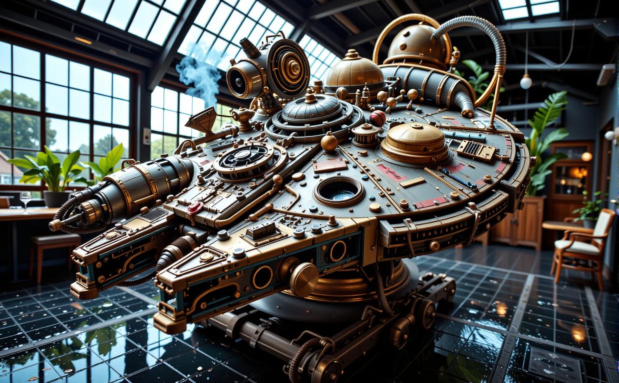 photograph, intricate background, insane details, shot from behind of a Magnificent Steampunk Heisei Era Millennium Falcon