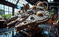 photograph, intricate background, insane details, shot from behind of a Magnificent Steampunk Heisei Era Millennium Falcon