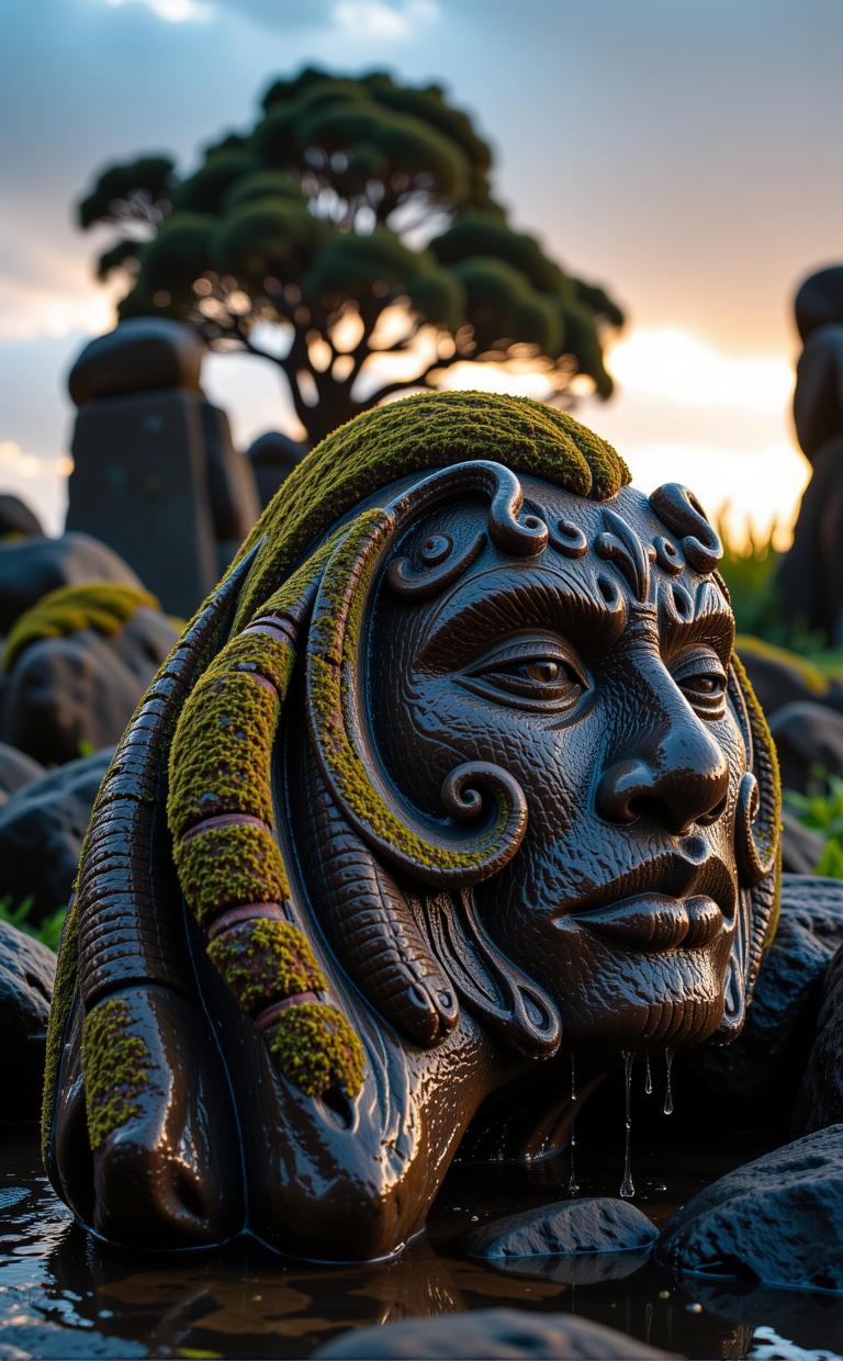 art by Burt Glinn , photograph, award winning, extreme wide shot of a Wet Engaging traditional Micronesian Mossy rock