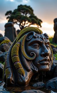 art by Burt Glinn , photograph, award winning, extreme wide shot of a Wet Engaging traditional Micronesian Mossy rock