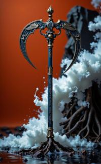 art by Kurt Hutton and Ruth Bernhard and Martin Rak , photograph, fairy tale, full shot of a Classic Homely Navy Blue Thai Chinese War scythe