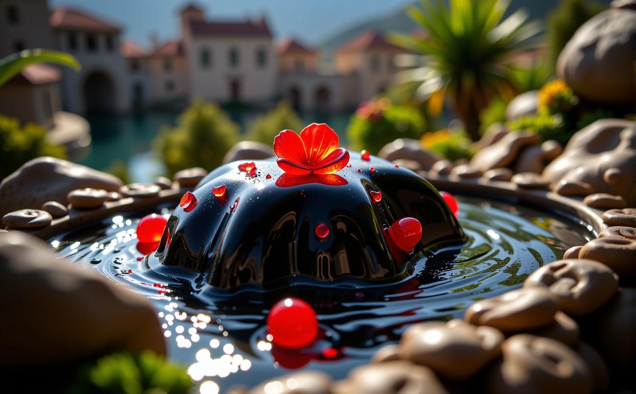 photograph, intricate details, professionally shot of a Evocative Disruptive Black and Red Slovak jelly , it has ornate details