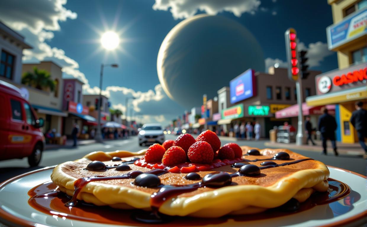 photograph, Compelling city street and Dwarf planet in background, exquisite, surreal
