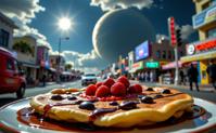 photograph, Compelling city street and Dwarf planet in background, exquisite, surreal