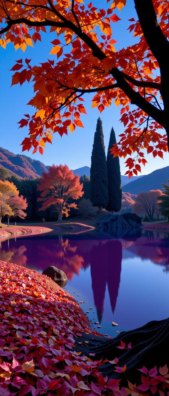 designed by Erwin Blumenfeld and Hans Makart , photograph, electric purple pond with Autumn leaf pile, charming