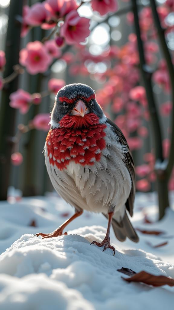 photograph, Golden ratio, selfie shot angle of a Deeply Thoughtful Gruesome Snow Bunting , plain Red background