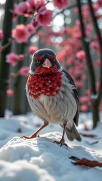 photograph, Golden ratio, selfie shot angle of a Deeply Thoughtful Gruesome Snow Bunting , plain Red background