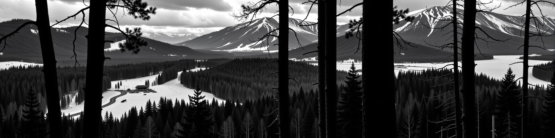 photograph, best quality, Charcoal theme , landscape of a Engaging Spirit World Ski resort in the distance there is a Salvador