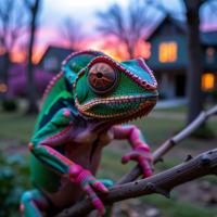photograph, stylized, selfie shot angle of a Chameleon , the Chameleon is very Deeply Thoughtful and Cinched