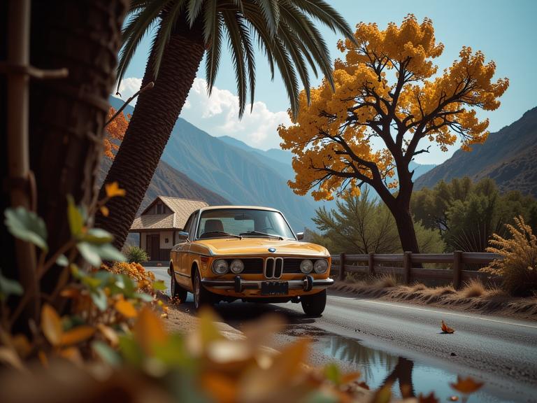photograph, intricate background, cinematic shot of a Queercore Art Deserted traditional Northern BMW , it is in a Final Fantasy setting