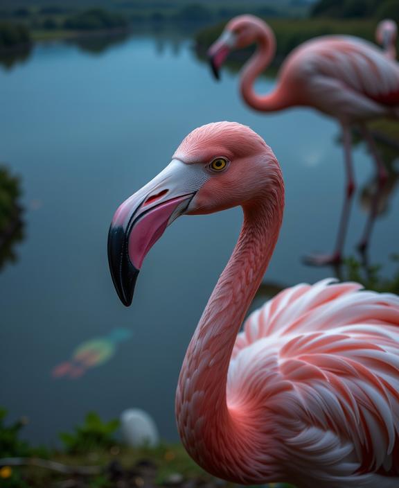 photograph, pretty, birds eye view shot of a Greater Flamingo wearing a Anime Eyes, it is very Atari Style and Boorish