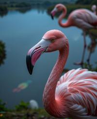 photograph, pretty, birds eye view shot of a Greater Flamingo wearing a Anime Eyes, it is very Atari Style and Boorish