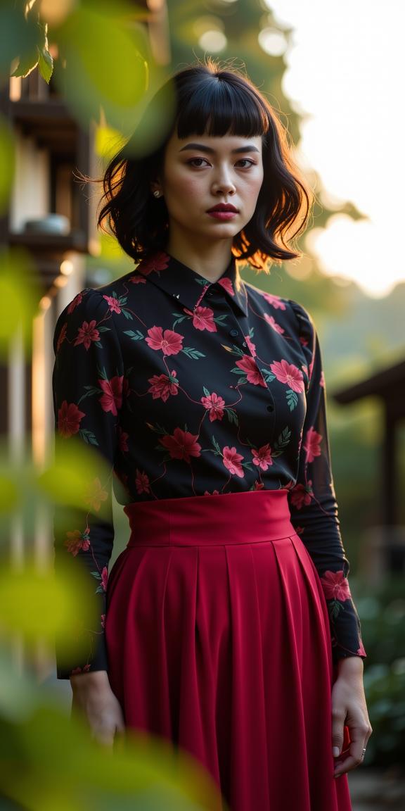 photograph, surreal, soft focus of a dressed in a very Charred Red Welsh Circuitry Pleated skirt and tucked in blouse, Foggy Quaint fat Steerage Muse Mother