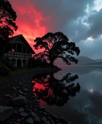 designed by Cody Ellingham and William Klein , photograph, surreal, landscape of a Angular Ludicrous Shadowmere Lake of the Dark Reflections and Ruined traditional Colombian Concert hall