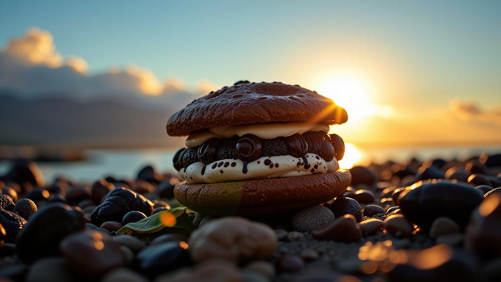 photograph, intricate details, upper body shot of a Disco Era ice cream sandwich of Paradox , the ice cream sandwich is very Emerging and Shadowy