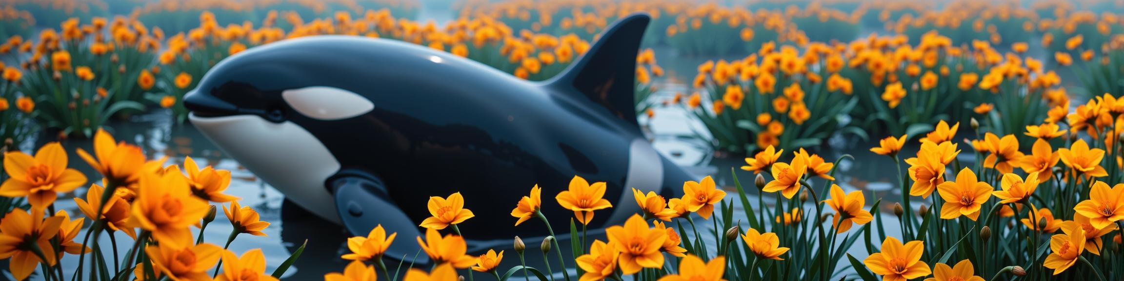 art by Liam Wong and Katia Chausheva , photograph, hyper detailed, ground level shot of a Iridescent and Silver Orca