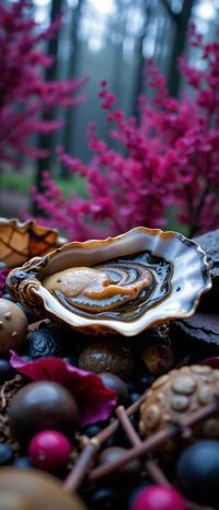 photograph, majestic, soft focus of a Hyperdetailed Night Oyster , centered three colors background
