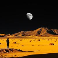 photograph, using light and objects to create shadow images, landscape of a Plated Abhorrent Interstellar Bazaar and Appealing Belarusian Deep space, plain DayGlo yellow background