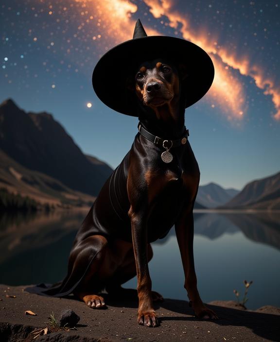 photograph, best quality, extreme wide shot of a Awe Inspiring Cinched flyweight Colombian Omarosa Manigault Newman Doberman Pinscher hybrid, she is very embarrased as a Witch