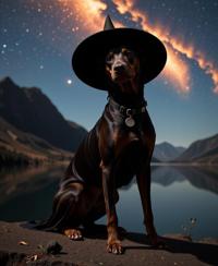 photograph, best quality, extreme wide shot of a Awe Inspiring Cinched flyweight Colombian Omarosa Manigault Newman Doberman Pinscher hybrid, she is very embarrased as a Witch
