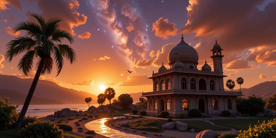 photograph, Radiant, intricate details, shot from behind of a Modern Art Fantastical Mughal Hostel