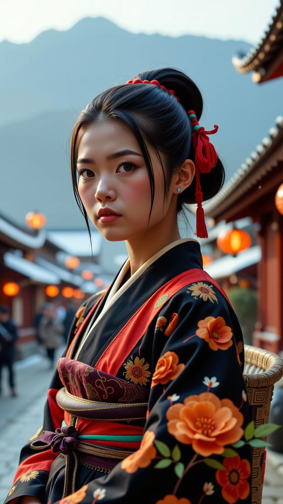 photograph, highly detailed, best quality, extreme wide shot of a Flashy Charming portly Shinto Girl