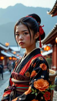 photograph, highly detailed, best quality, extreme wide shot of a Flashy Charming portly Shinto Girl