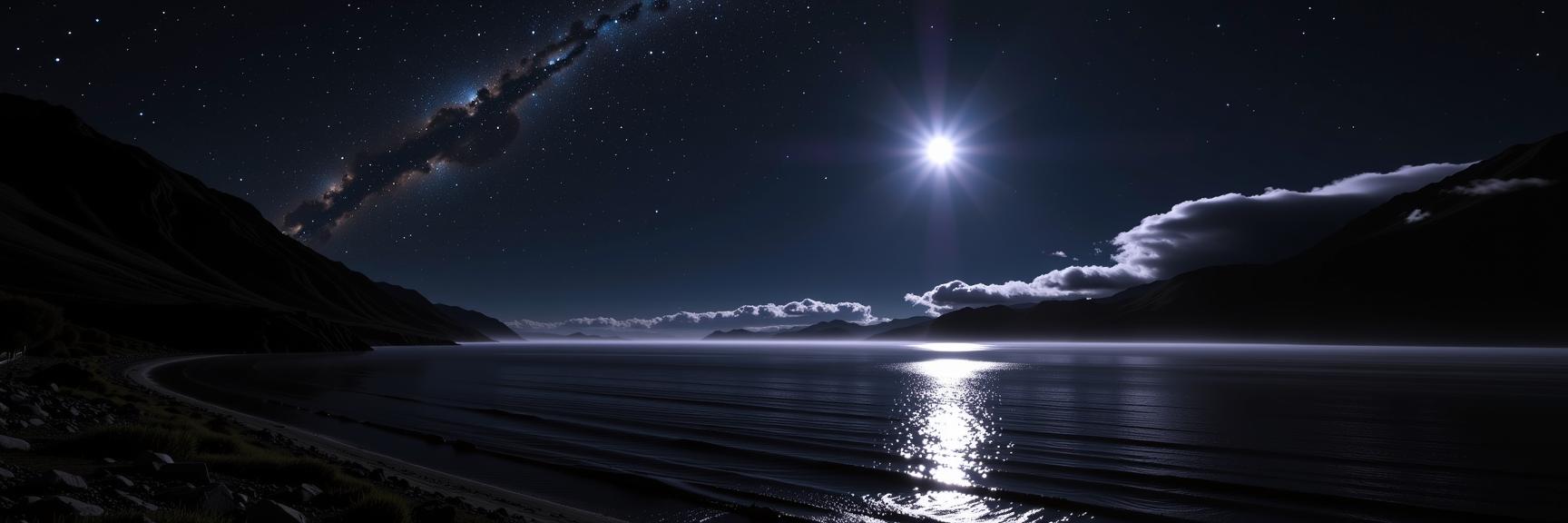 photograph, Dark, landscape of a Tragic Squealing Split from inside of a Caceres, dense lake and Cosmic inflation in background