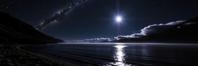 photograph, Dark, landscape of a Tragic Squealing Split from inside of a Caceres, dense lake and Cosmic inflation in background