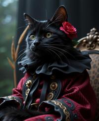 by Koloman Moser , photograph, Dark and Gritty, view of a Elegant Quirky stocky Roma Norwegian Forest Cat imagined as a Psychic pokemon Ghost hybrid