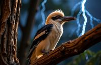 photograph, masterpiece, Long exposure of a Bustled Mean Laughing Kookaburra , from inside of a Iridescent Cologne