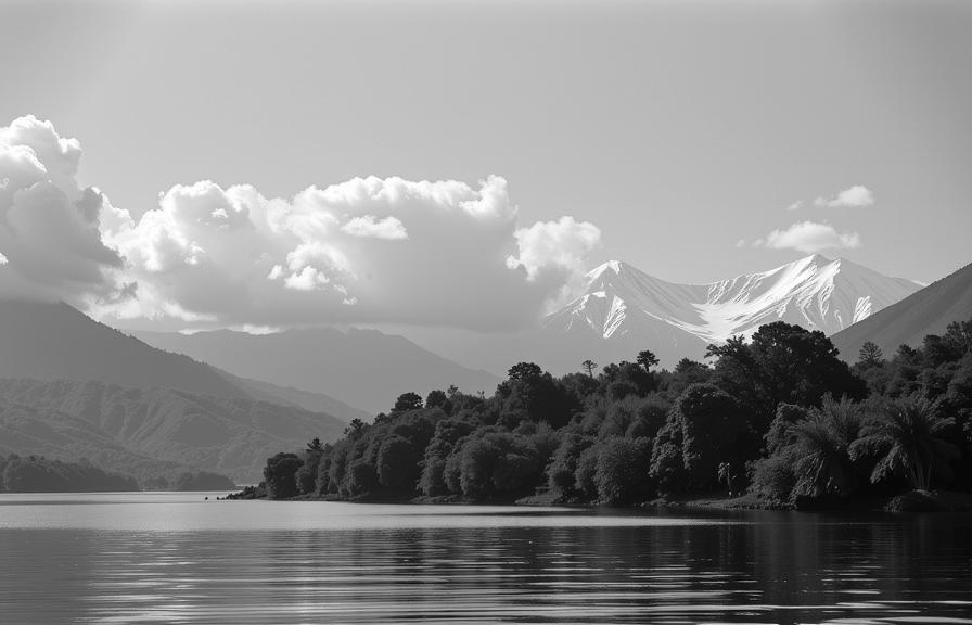 photograph, magical atmosphere, landscape of a Kara Tur and Cloisonnism Papuan Snow capped mountains, it is very Mad and Sublime