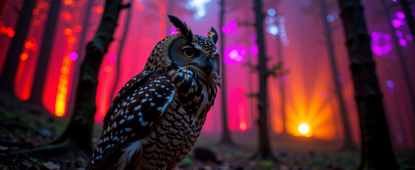 photograph, appealing, medium shot of a Dystopian Sturdy Spotted Owl , Event horizon background