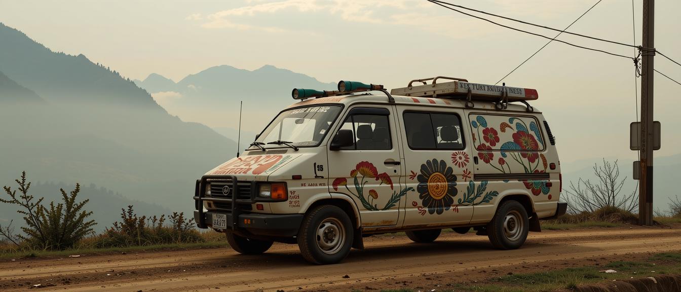 photograph, Bugcore, highly detailed, long shot of a Japanese Utility van