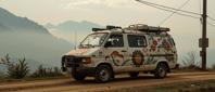 photograph, Bugcore, highly detailed, long shot of a Japanese Utility van