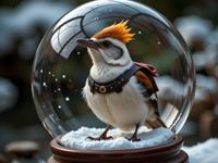 photograph, majestic, medium wide shot of a Matte Obscene portly Turkish White Crested Laughingthrush Brewer , it is inside a Snowglobe