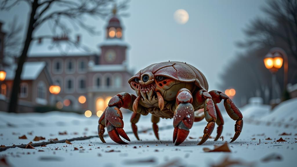 photograph, elegant, Full length frame of a Wretched Literal Woolly Crab Pok mon with Layered parts, winter background