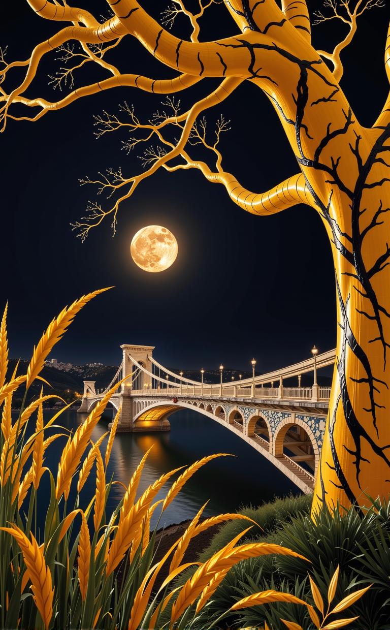 photograph, masterpiece, Long exposure of a Ornate Elastic Czech Bridge , it is made from Baobab